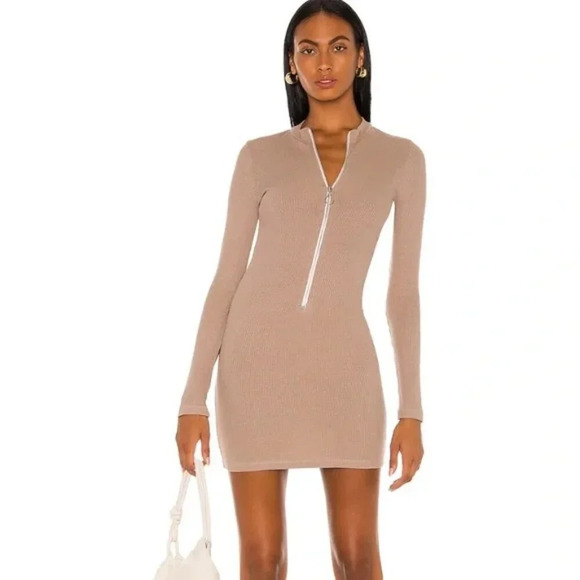 Monrow Rib Zip up Dress Womens Sz Small Tan Tencel Long Sleeves Bodycon Mini Zip - Picture 2 of 12